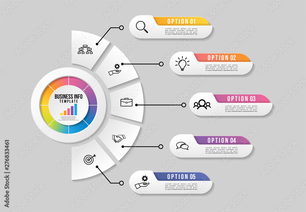 Sticker vector infographic design template with 5 options steps and marketing icons. business data visualiza