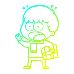 cold gradient line drawing cartoon shocked man with gift