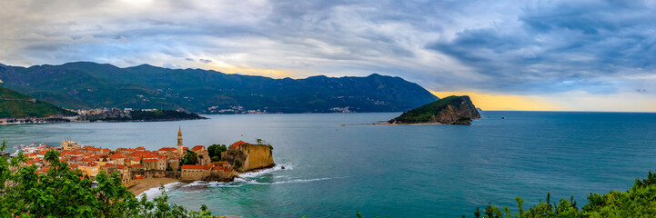 Fototapeta na wymiar Panorama of Budva Old Town with the Citadel and the Adriatic Sea in Montenegro