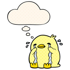cartoon crying bird and thought bubble in comic book style