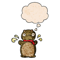 cartoon happy teddy bear and thought bubble in grunge texture pattern style