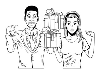 couple avatar with gift box in black and white