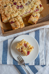 home made cherry streusel cake with vanilla pudding