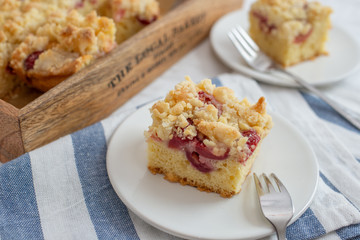 home made cherry streusel cake with vanilla pudding