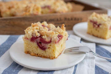 home made cherry streusel cake with vanilla pudding