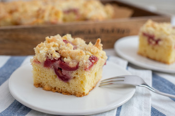 home made cherry streusel cake with vanilla pudding