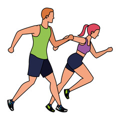 young athletic couple running characters