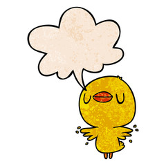 cute cartoon chick flapping wings and speech bubble in retro texture style