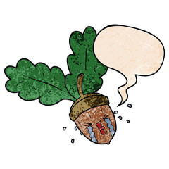 cartoon crying acorn and speech bubble in retro texture style
