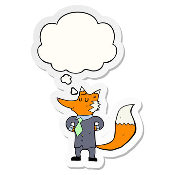 cartoon fox businessman and thought bubble as a printed sticker