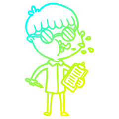 cold gradient line drawing cartoon boy wearing spectacles with clip board