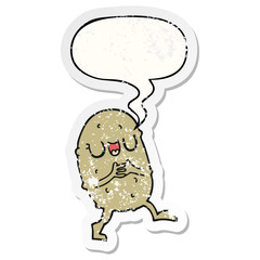 cartoon happy potato and speech bubble distressed sticker
