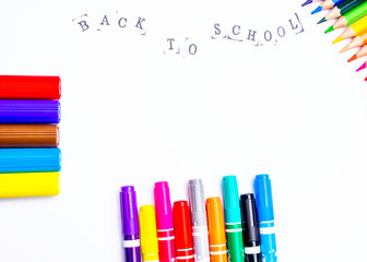 school college accessories as markers, pencils isolated on white Back to school