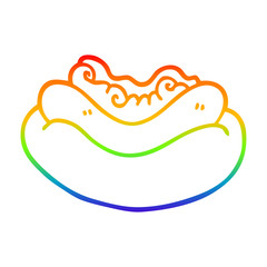 rainbow gradient line drawing cartoon hotdog in a bun