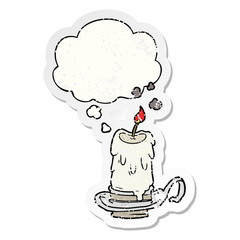 cartoon spooky candle and thought bubble as a distressed worn sticker