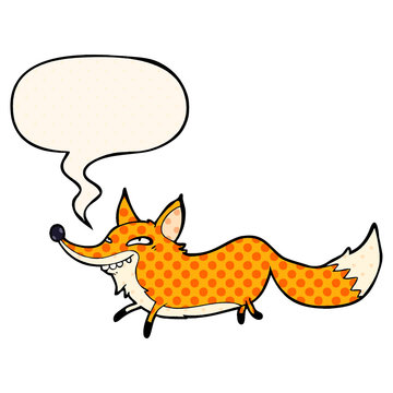 cute cartoon sly fox and speech bubble in comic book style