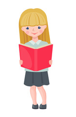 Vector cute School girl character reading book.