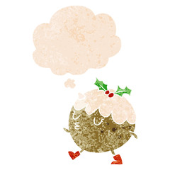 cartoon chrstmas pudding walking and thought bubble in retro textured style