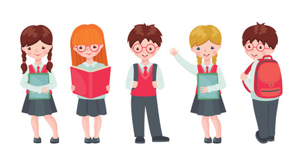 Vector set of pupils with school supplies.