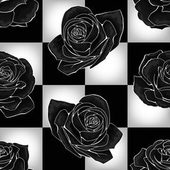 Black roses on chessboard background. Vector seamless pattern design