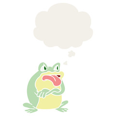 grumpy cartoon frog and thought bubble in retro style