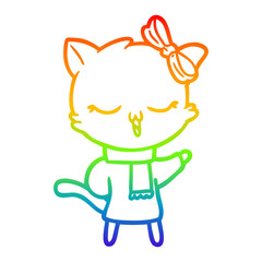 rainbow gradient line drawing cartoon cat with bow on head