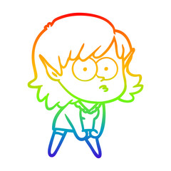 rainbow gradient line drawing cartoon elf girl staring and crouching