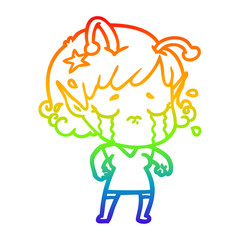 rainbow gradient line drawing cartoon crying alien girl