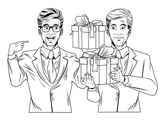 men avatar with gift box in black and white