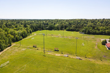 Naklejka premium Aerial/Drone view of soccer/football field complex during the afternoon in Ontario, Canada.