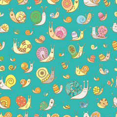 Vector seamless pattern with cute cartoon snails on green  background. 