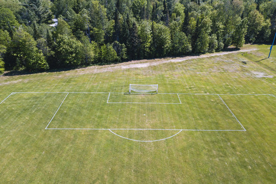Aerial/drone view of soccer/football field net at a sports field complex in Ontario, Canada.