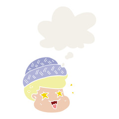 cartoon boy wearing hat and thought bubble in retro style