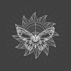 Vector illustration with hand drawn butterfly and Sacred geometric symbol on black background. Abstract mystic sign.