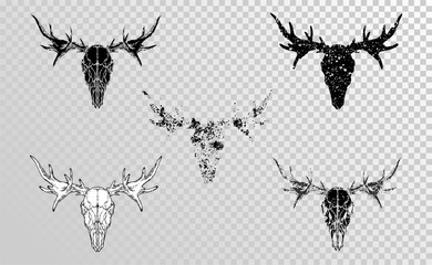 Vector set of hand drawn skulls moose with grunge elements in different versions on a transparent background.