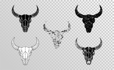 Vector set of hand drawn skulls bull with grunge elements in different versions on a transparent background.