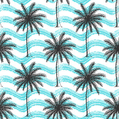 Seamless pattern with hand drawn palm trees and blue wavy brush strokes.