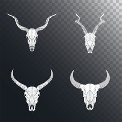 Vector set of hand drawn skulls of horned animals: bull, wild buffalo and antelopes on dark background.