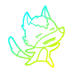 cold gradient line drawing cartoon wolf showing teeth whilst dancing