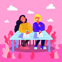 Girls students chatting together and writing. Left Hander and Right Hander. Day time