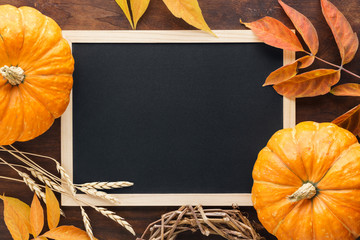 Fall chalkboard background with pumpkins, leaves and wheat.