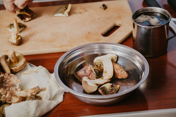 Sliced fresh mushrooms lie in metal plate