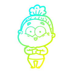 cold gradient line drawing cartoon happy old woman