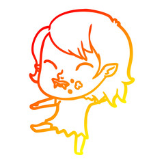 warm gradient line drawing cartoon vampire girl with blood on cheek