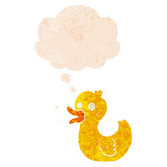 cartoon quacking duck and thought bubble in retro textured style