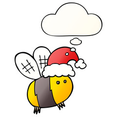 cute cartoon bee wearing christmas hat and thought bubble in smooth gradient style