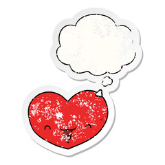 cartoon love heart character and thought bubble as a distressed worn sticker