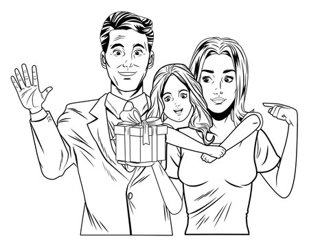 family avatar with gift box in black and white pop art