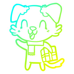 cold gradient line drawing laughing cartoon dog with christmas present