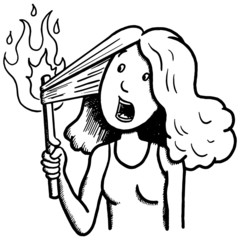 comic vector illustration of a woman smoothing her hair with a straightener and being scared. the device starts to burn. outline, cartoon, sketch, straight hair, accident.